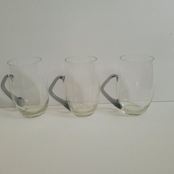 MCM Set Of 3 Clear Glass Mugs With Unique Curved Smokey Grey Handles - Picture 1 of 9